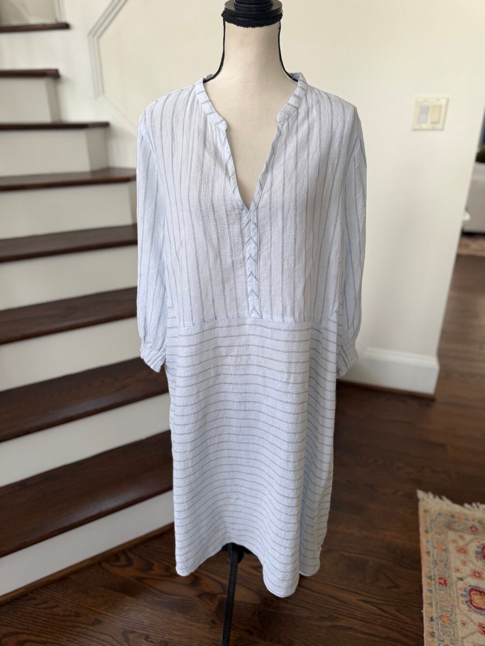 Poetry White Light Blue Pin Stripe Linen Boxy Shift Midi Dress Kaftan Minimalist